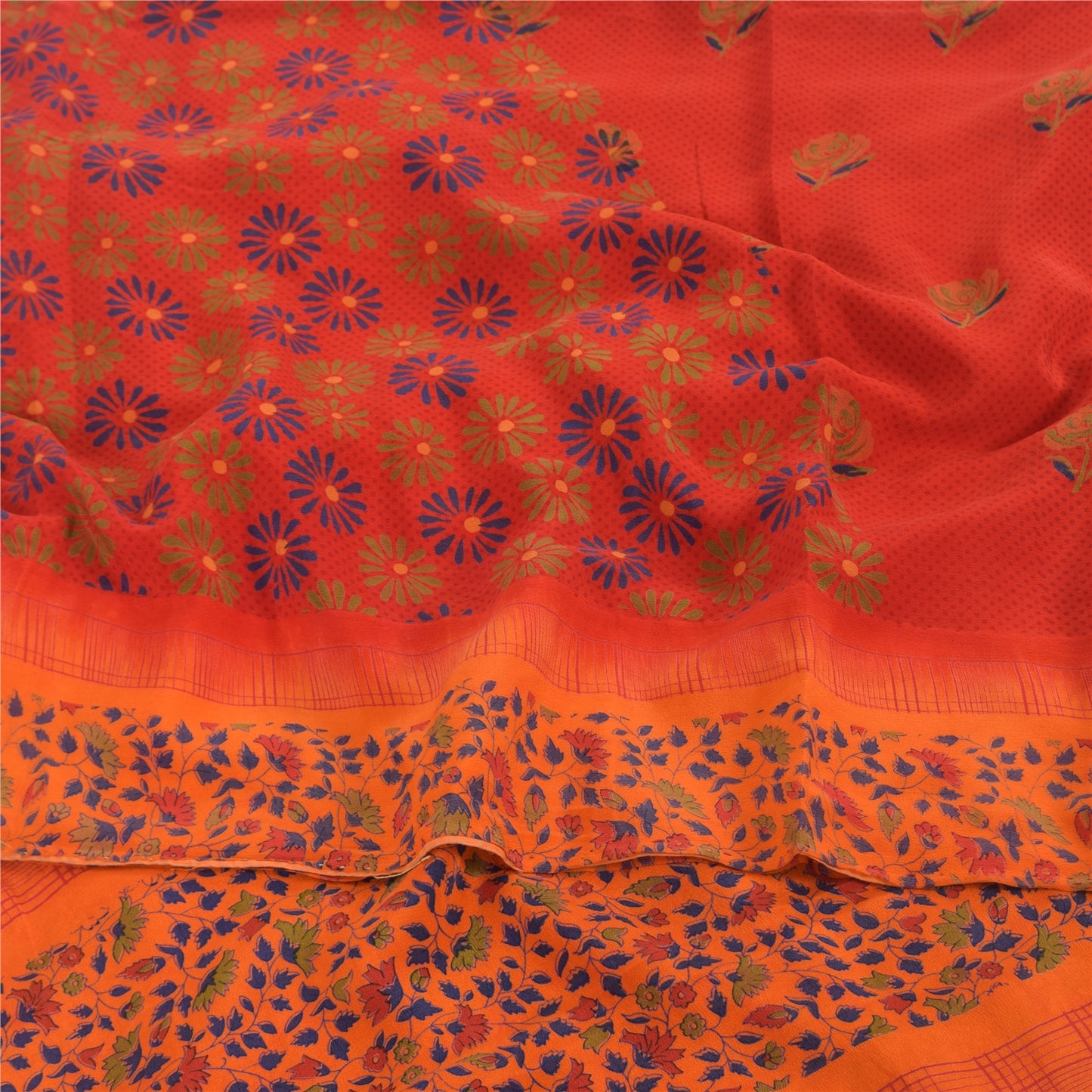 Sanskriti Vintage Sarees Red 100% Pure Crepe Silk Printed Sari 5yd Craft Sustainable Fabric