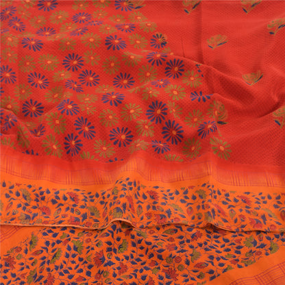 Sanskriti Vintage Sarees Red 100% Pure Crepe Silk Printed Sari 5yd Craft Sustainable Fabric