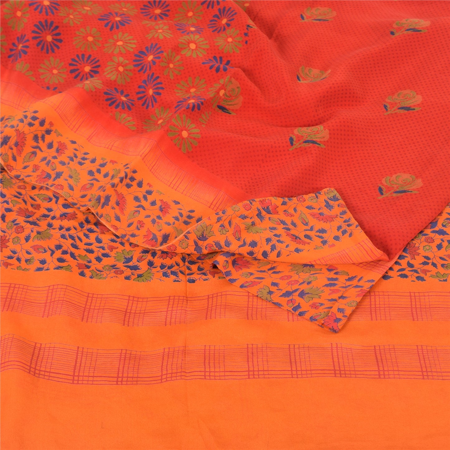 Sanskriti Vintage Sarees Red 100% Pure Crepe Silk Printed Sari 5yd Craft Sustainable Fabric