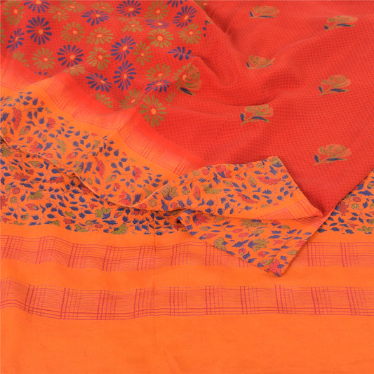 Sanskriti Vintage Sarees Red 100% Pure Crepe Silk Printed Sari 5yd Craft Sustainable Fabric