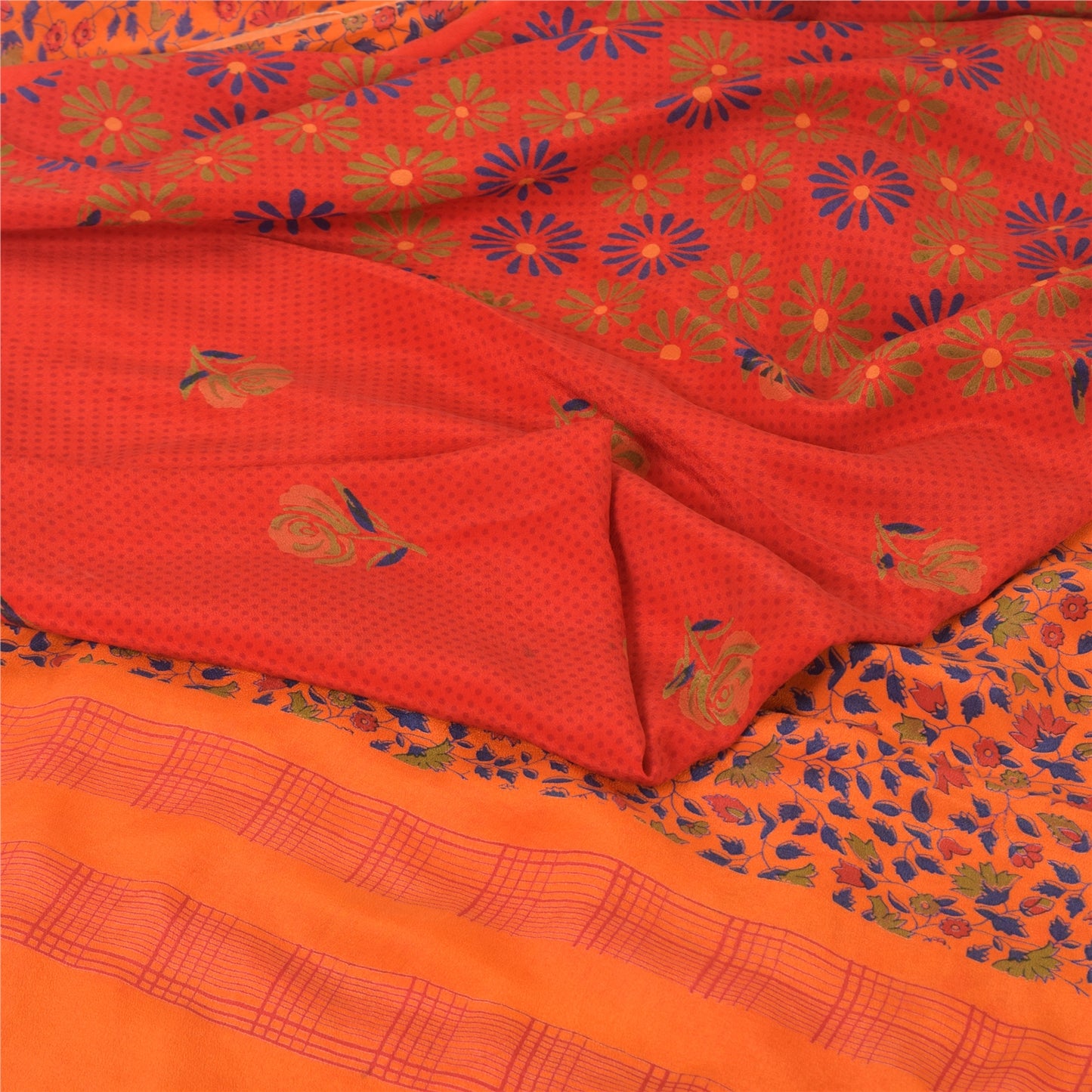 Sanskriti Vintage Sarees Red 100% Pure Crepe Silk Printed Sari 5yd Craft Sustainable Fabric