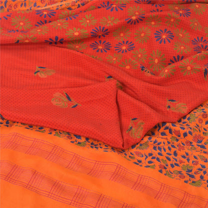 Sanskriti Vintage Sarees Red 100% Pure Crepe Silk Printed Sari 5yd Craft Sustainable Fabric