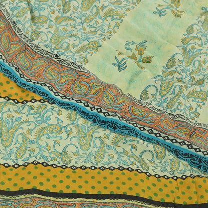 Sanskriti Vintage Sarees Pastel-Green Pure Crepe Printed Sari 6yd Craft Sustainable Fabric