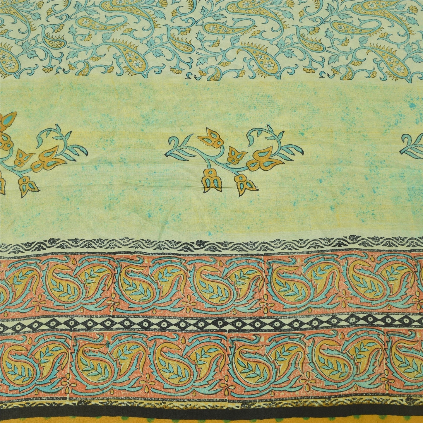 Sanskriti Vintage Sarees Pastel-Green Pure Crepe Printed Sari 6yd Craft Sustainable Fabric