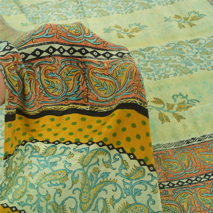 Sanskriti Vintage Sarees Pastel-Green Pure Crepe Printed Sari 6yd Craft Sustainable Fabric