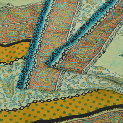 Sanskriti Vintage Sarees Pastel-Green Pure Crepe Printed Sari 6yd Craft Sustainable Fabric