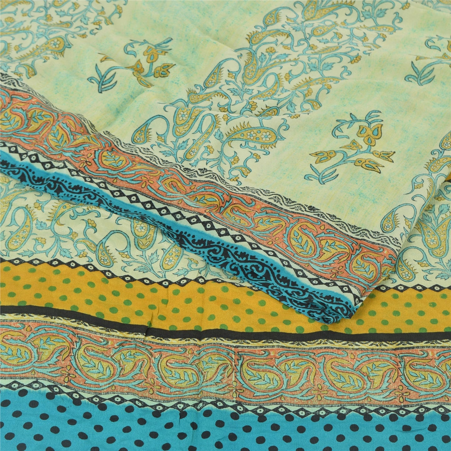 Sanskriti Vintage Sarees Pastel-Green Pure Crepe Printed Sari 6yd Craft Sustainable Fabric