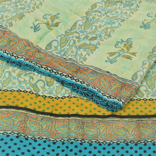 Sanskriti Vintage Sarees Pastel-Green Pure Crepe Printed Sari 6yd Craft Sustainable Fabric