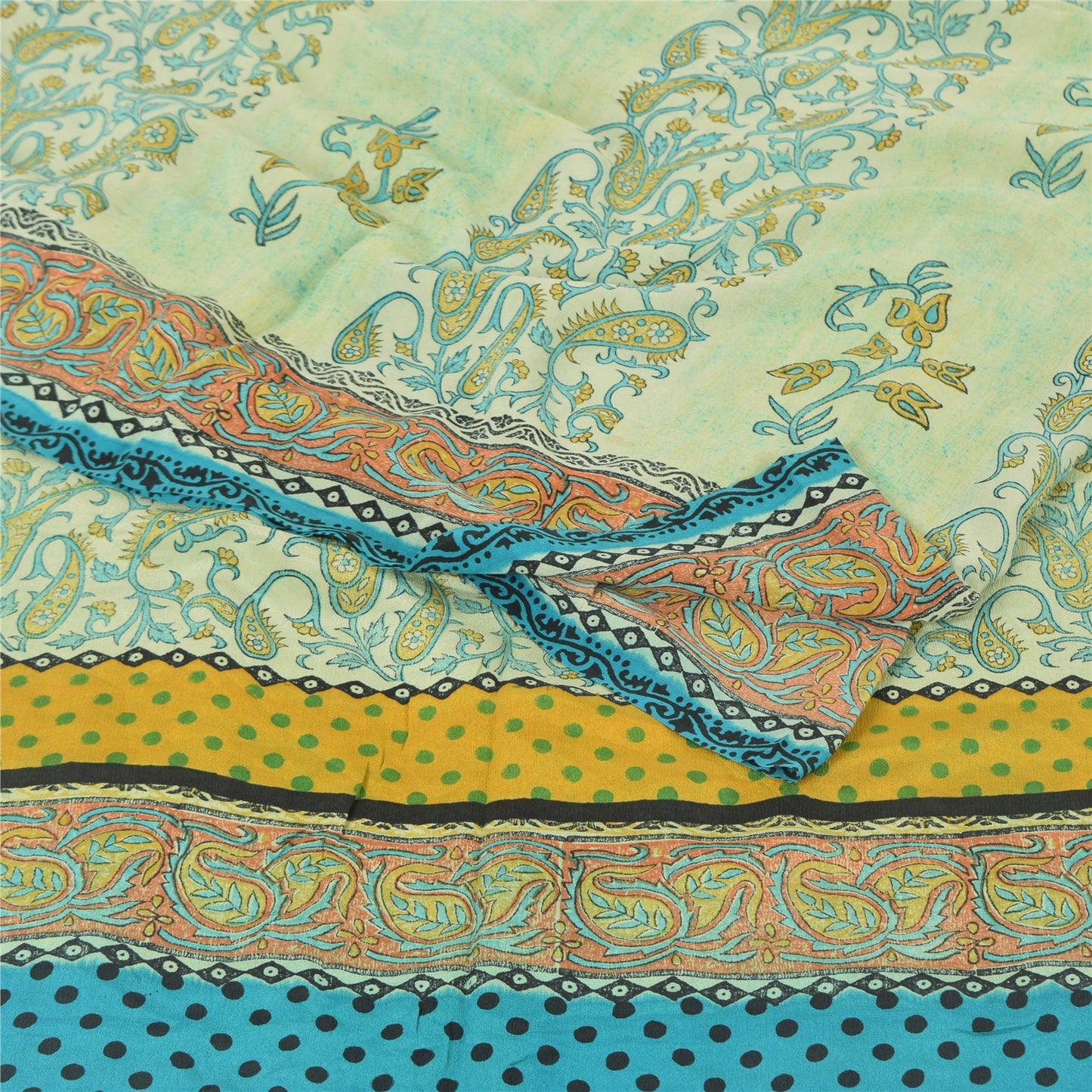 Sanskriti Vintage Sarees Pastel-Green Pure Crepe Printed Sari 6yd Craft Sustainable Fabric