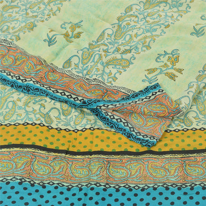 Sanskriti Vintage Sarees Pastel-Green Pure Crepe Printed Sari 6yd Craft Sustainable Fabric