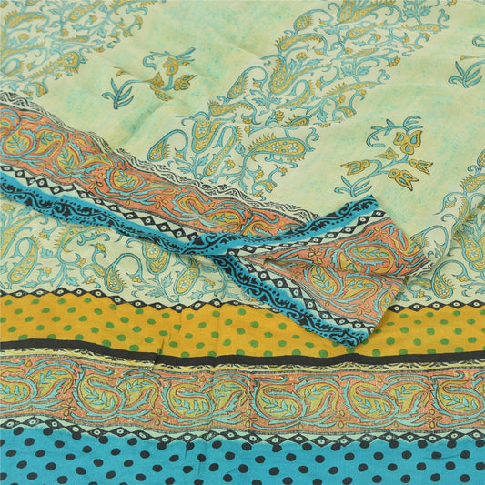 Sanskriti Vintage Sarees Pastel-Green Pure Crepe Printed Sari 6yd Craft Sustainable Fabric