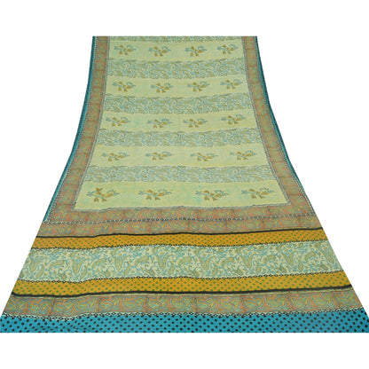 Sanskriti Vintage Sarees Pastel-Green Pure Crepe Printed Sari 6yd Craft Sustainable Fabric