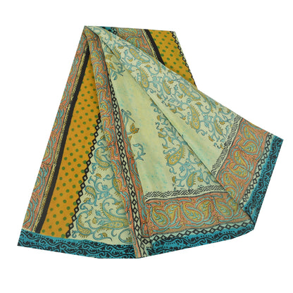 Sanskriti Vintage Sarees Pastel-Green Pure Crepe Printed Sari 6yd Craft Sustainable Fabric