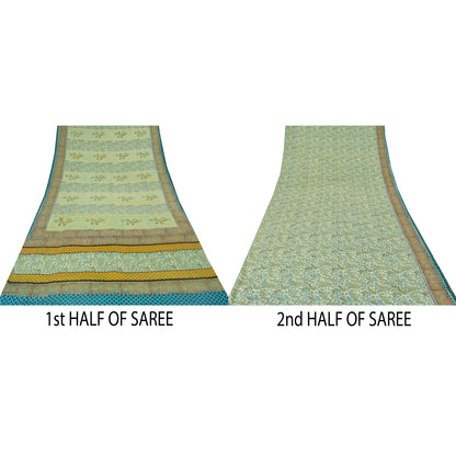 Sanskriti Vintage Sarees Pastel-Green Pure Crepe Printed Sari 6yd Craft Sustainable Fabric