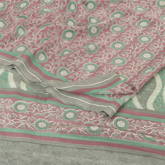 Sanskriti Vintage Sarees Dusty Red/Green Pure Crepe Silk Printed Sari 6yd Sustainable Fabric