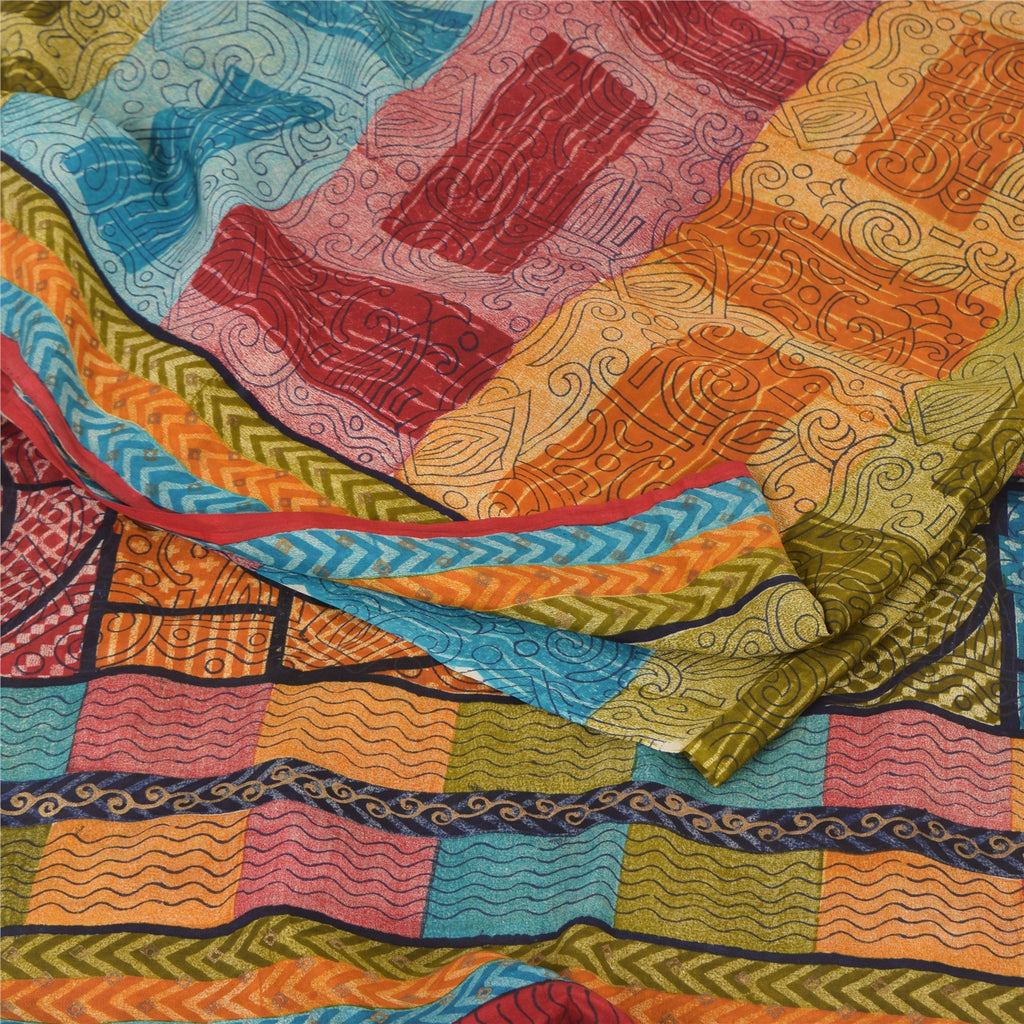 Sanskriti Vintage Sarees Multi Pure Crepe Silk Printed Sari 6yd Craft Sustainable Fabric