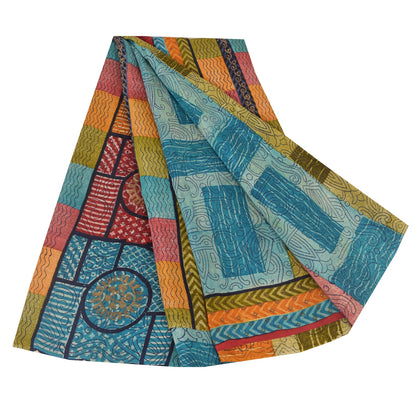Sanskriti Vintage Sarees Multi Pure Crepe Silk Printed Sari 6yd Craft Sustainable Fabric