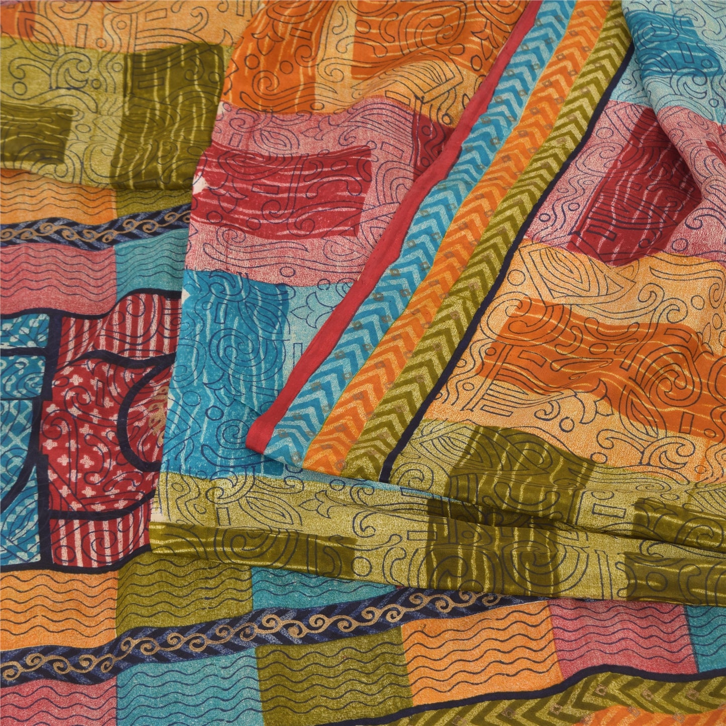 Sanskriti Vintage Sarees Multi Pure Crepe Silk Printed Sari 6yd Craft Sustainable Fabric