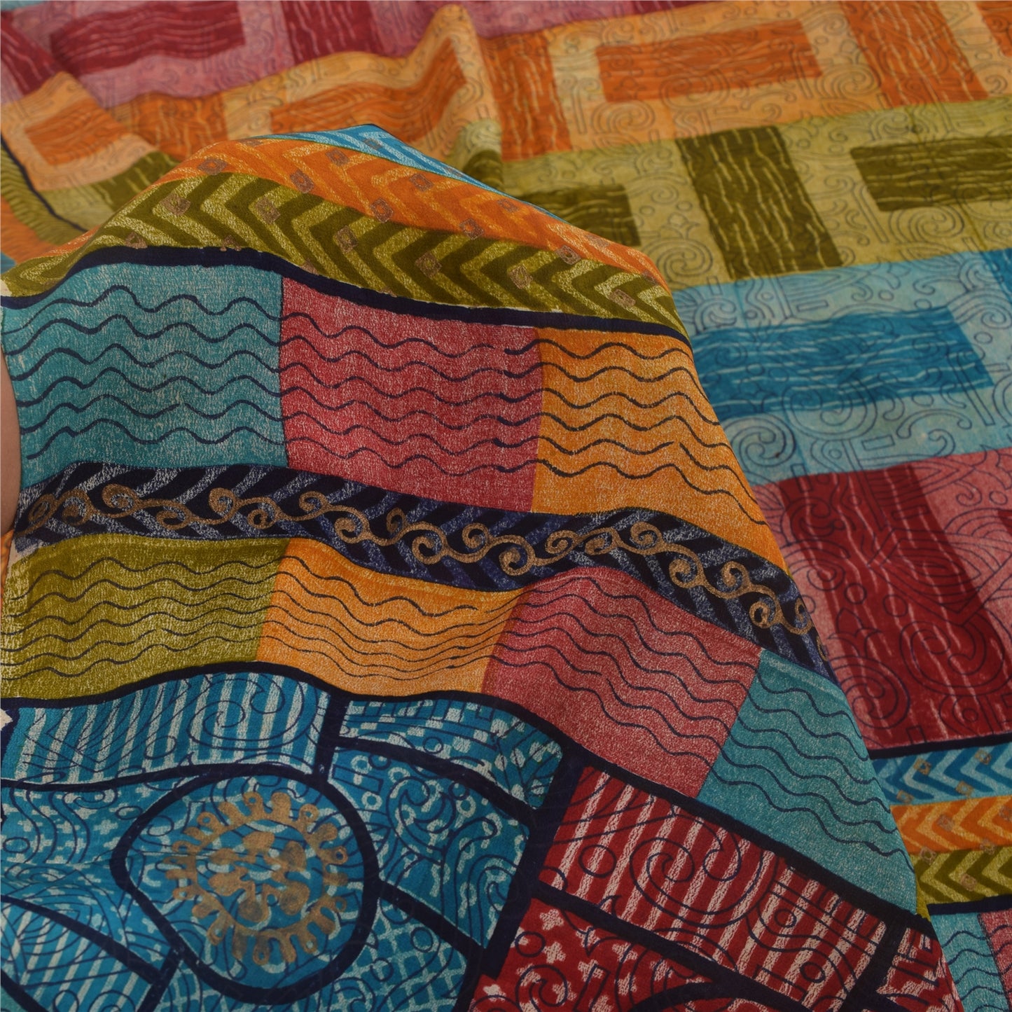 Sanskriti Vintage Sarees Multi Pure Crepe Silk Printed Sari 6yd Craft Sustainable Fabric