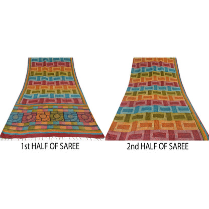 Sanskriti Vintage Sarees Multi Pure Crepe Silk Printed Sari 6yd Craft Sustainable Fabric