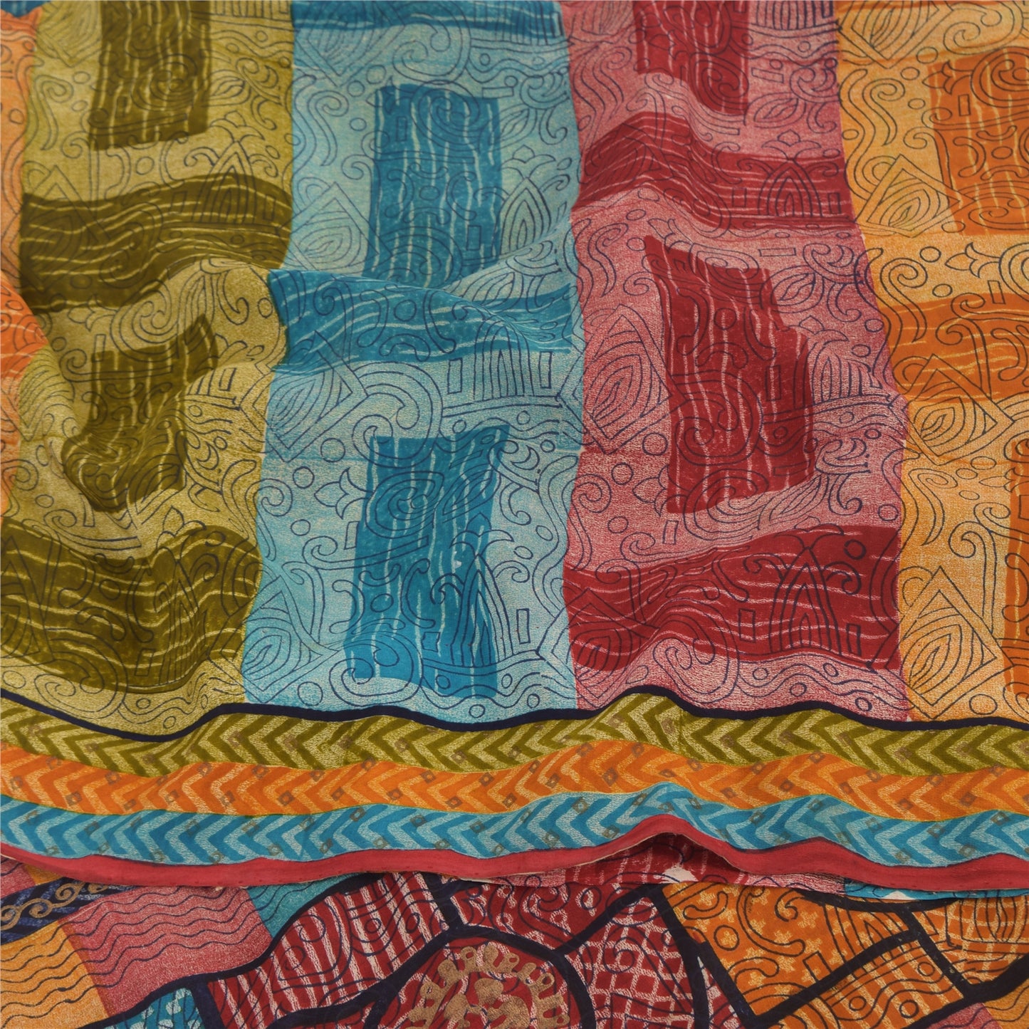 Sanskriti Vintage Sarees Multi Pure Crepe Silk Printed Sari 6yd Craft Sustainable Fabric