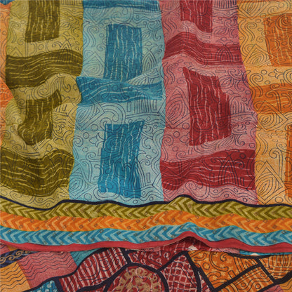 Sanskriti Vintage Sarees Multi Pure Crepe Silk Printed Sari 6yd Craft Sustainable Fabric