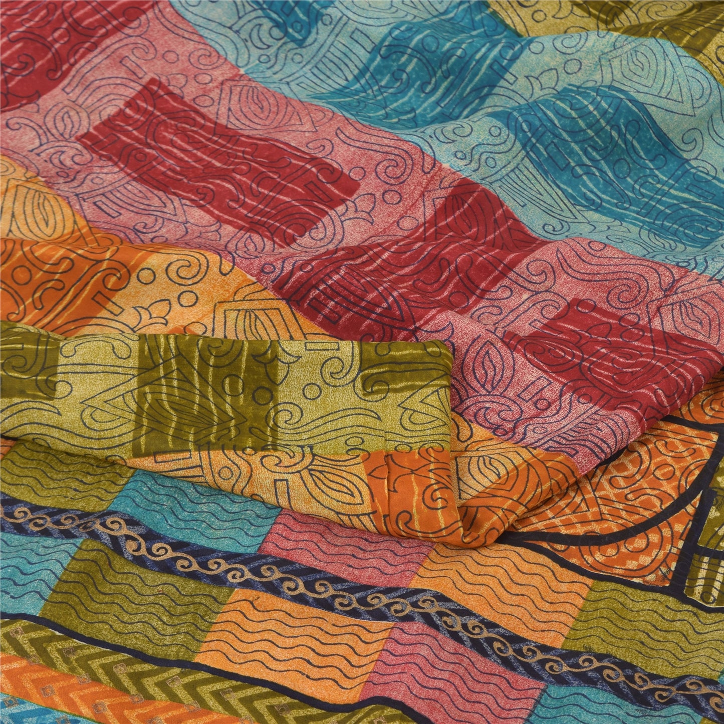 Sanskriti Vintage Sarees Multi Pure Crepe Silk Printed Sari 6yd Craft Sustainable Fabric