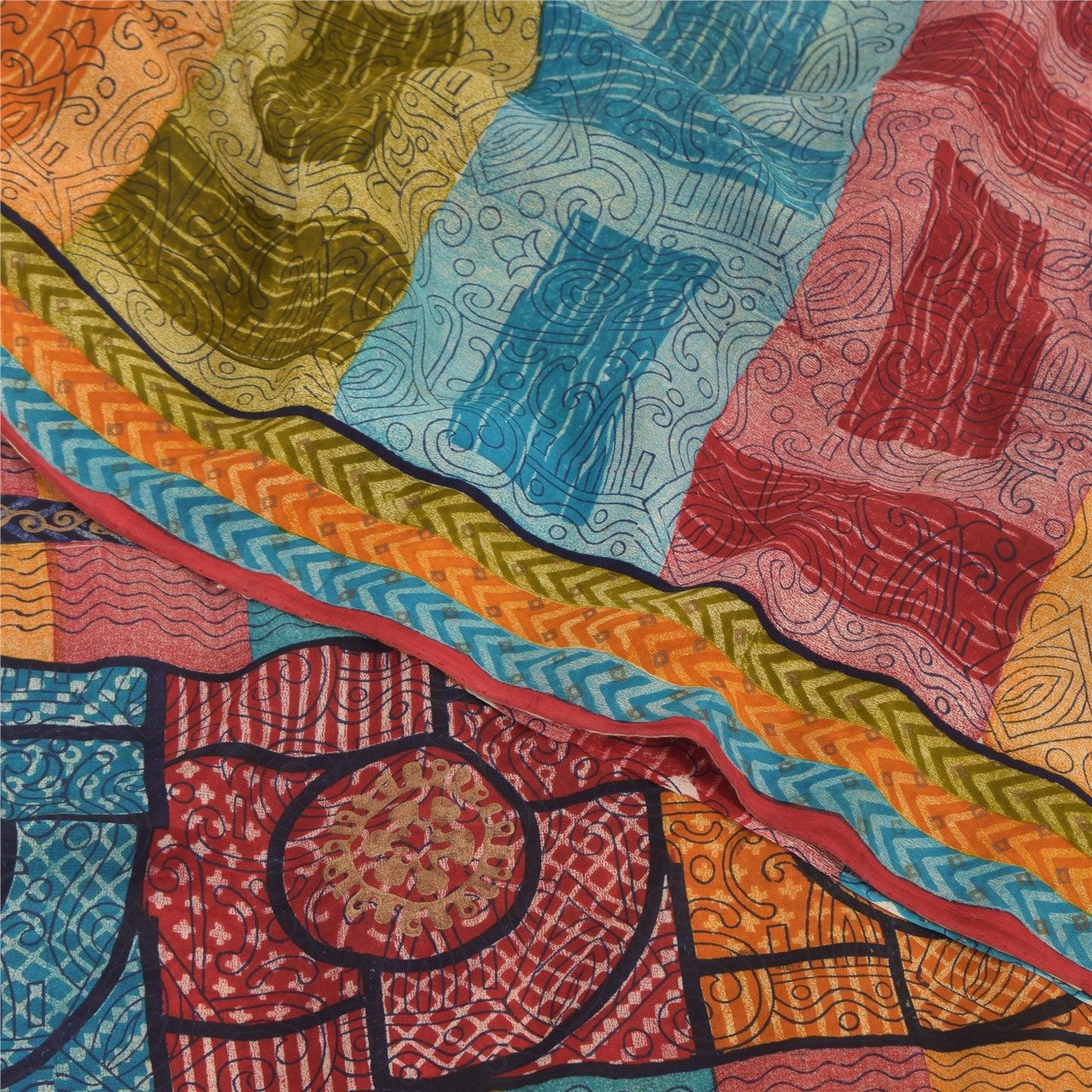 Sanskriti Vintage Sarees Multi Pure Crepe Silk Printed Sari 6yd Craft Sustainable Fabric