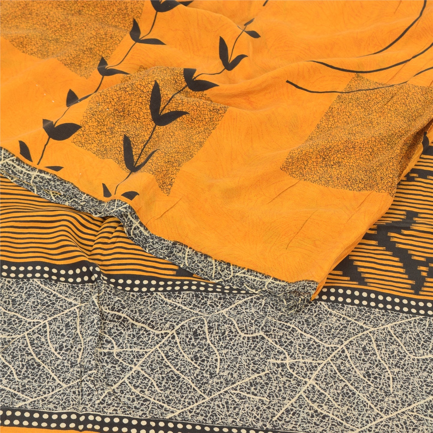 Sanskriti Vintage Sarees Yellow Pure Crepe Silk Printed Sari 5yd Craft Sustainable Fabric