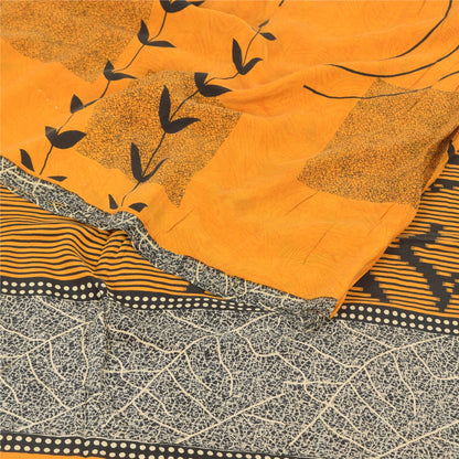 Sanskriti Vintage Sarees Yellow Pure Crepe Silk Printed Sari 5yd Craft Sustainable Fabric