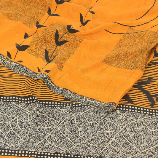 Sanskriti Vintage Sarees Yellow Pure Crepe Silk Printed Sari 5yd Craft Sustainable Fabric