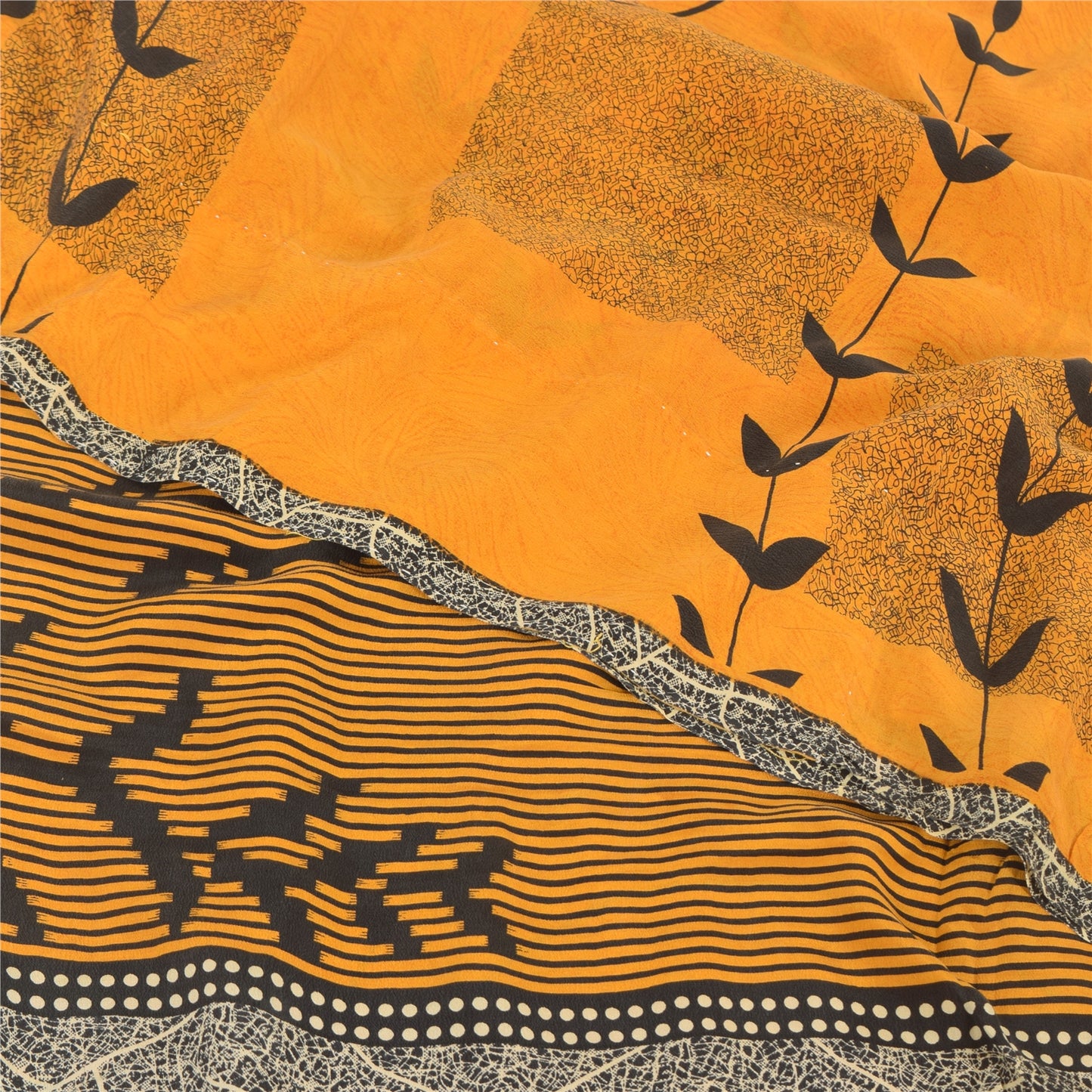 Sanskriti Vintage Sarees Yellow Pure Crepe Silk Printed Sari 5yd Craft Sustainable Fabric