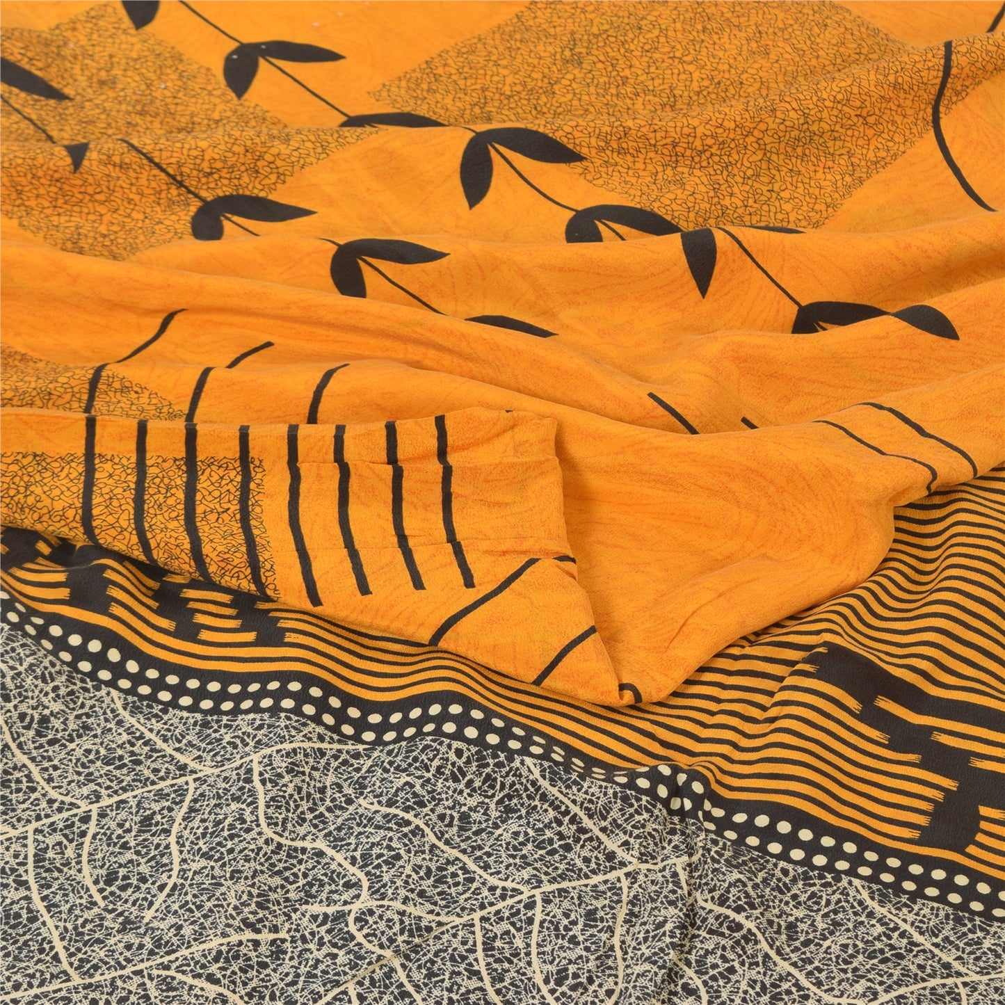 Sanskriti Vintage Sarees Yellow Pure Crepe Silk Printed Sari 5yd Craft Sustainable Fabric