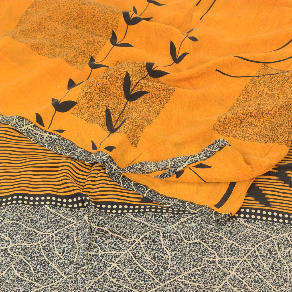 Sanskriti Vintage Sarees Yellow Pure Crepe Silk Printed Sari 5yd Craft Sustainable Fabric