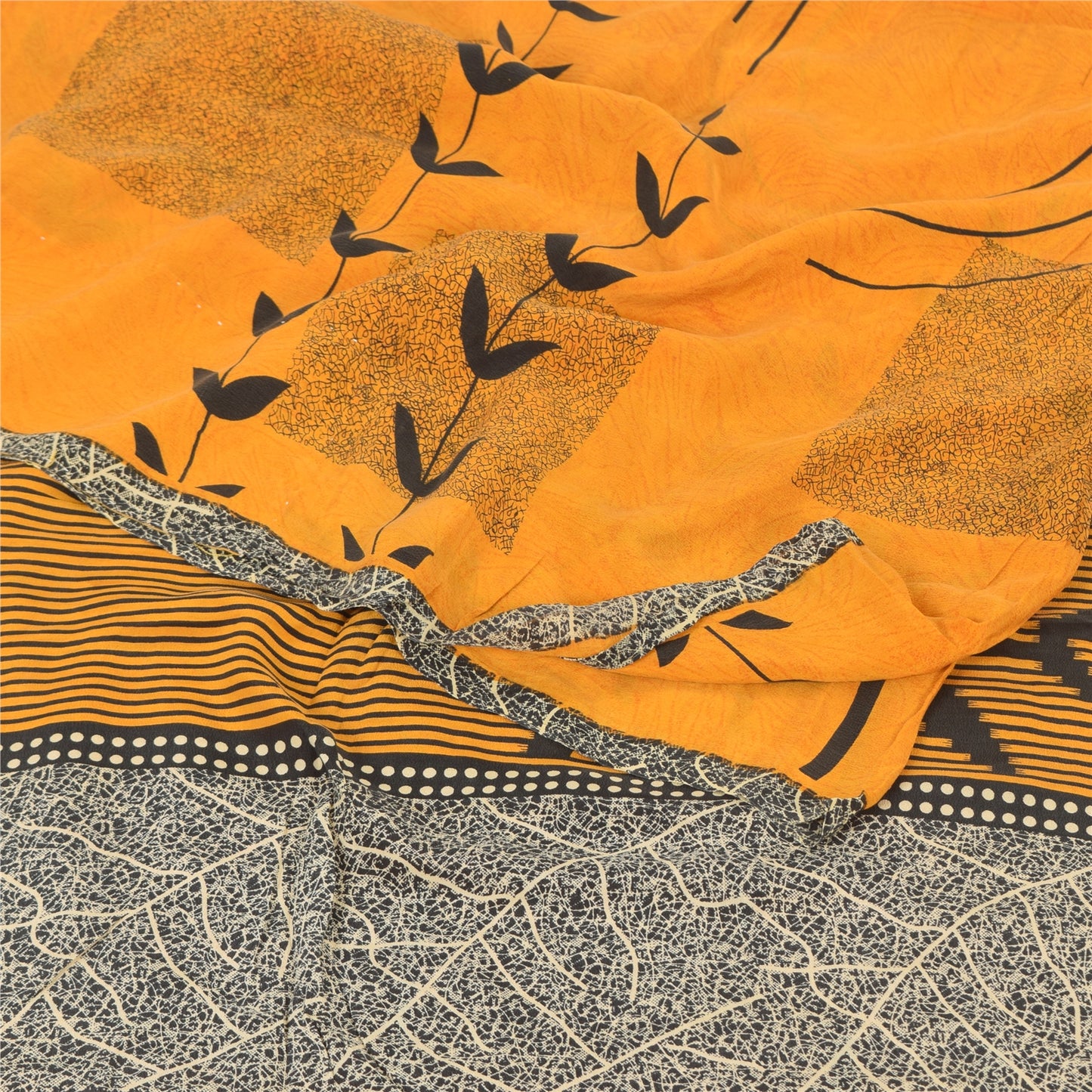 Sanskriti Vintage Sarees Yellow Pure Crepe Silk Printed Sari 5yd Craft Sustainable Fabric