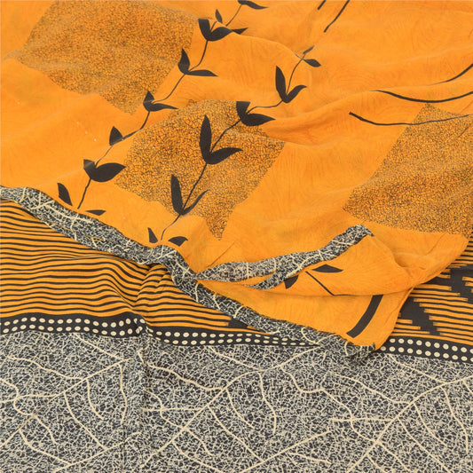 Sanskriti Vintage Sarees Yellow Pure Crepe Silk Printed Sari 5yd Craft Sustainable Fabric