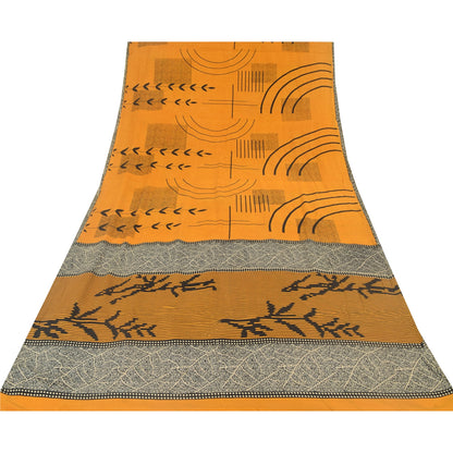Sanskriti Vintage Sarees Yellow Pure Crepe Silk Printed Sari 5yd Craft Sustainable Fabric