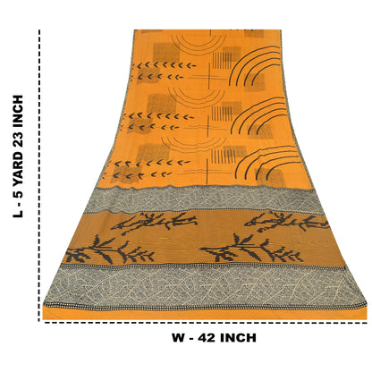 Sanskriti Vintage Sarees Yellow Pure Crepe Silk Printed Sari 5yd Craft Sustainable Fabric