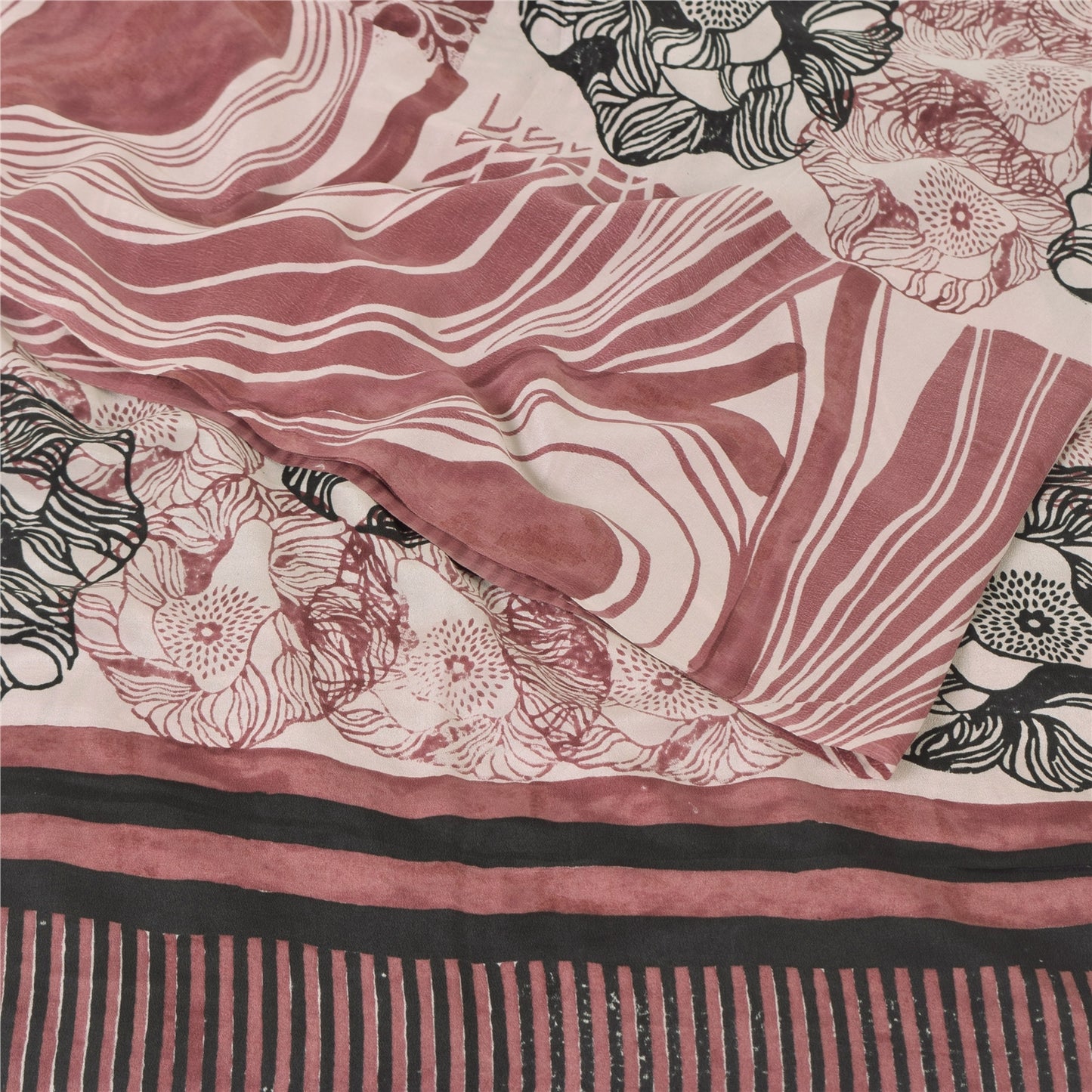 Sanskriti Vintage Sarees Dusty Pink Pure Crepe Silk Print Sari 5yd Craft Sustainable Fabric