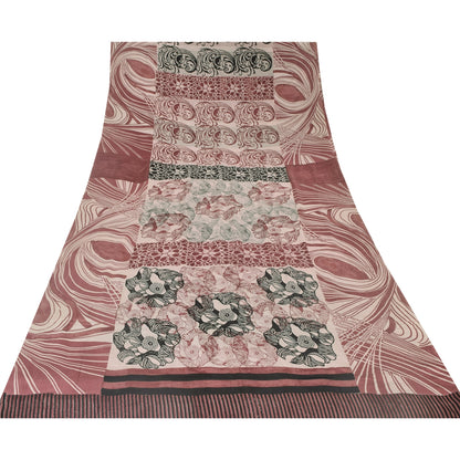 Sanskriti Vintage Sarees Dusty Pink Pure Crepe Silk Print Sari 5yd Craft Sustainable Fabric