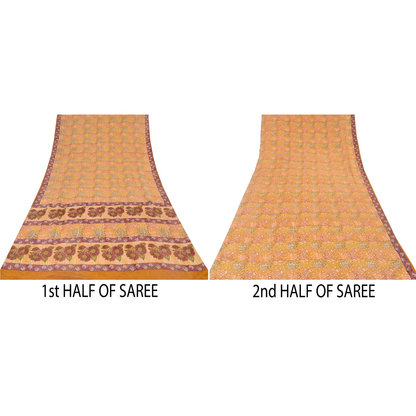 Sanskriti Vintage Sarees Saffron Pure Crepe Silk Printed Sari 5yd Craft Sustainable Fabric