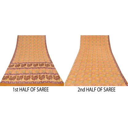 Sanskriti Vintage Sarees Saffron Pure Crepe Silk Printed Sari 5yd Craft Sustainable Fabric