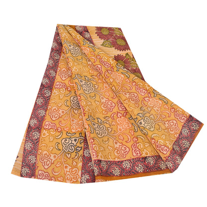 Sanskriti Vintage Sarees Saffron Pure Crepe Silk Printed Sari 5yd Craft Sustainable Fabric