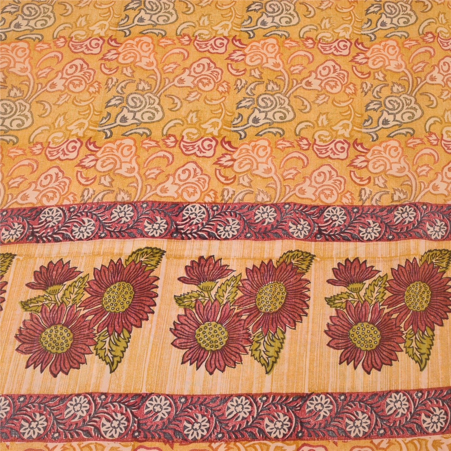 Sanskriti Vintage Sarees Saffron Pure Crepe Silk Printed Sari 5yd Craft Sustainable Fabric