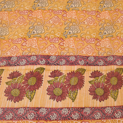 Sanskriti Vintage Sarees Saffron Pure Crepe Silk Printed Sari 5yd Craft Sustainable Fabric