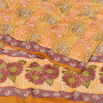 Sanskriti Vintage Sarees Saffron Pure Crepe Silk Printed Sari 5yd Craft Sustainable Fabric