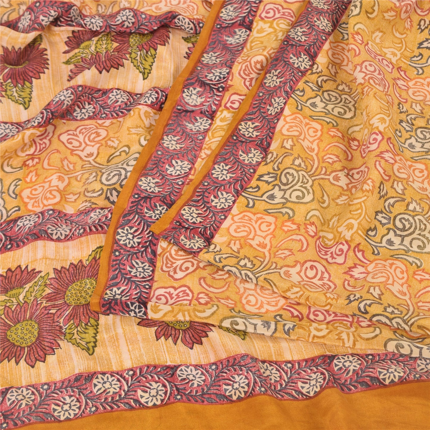 Sanskriti Vintage Sarees Saffron Pure Crepe Silk Printed Sari 5yd Craft Sustainable Fabric