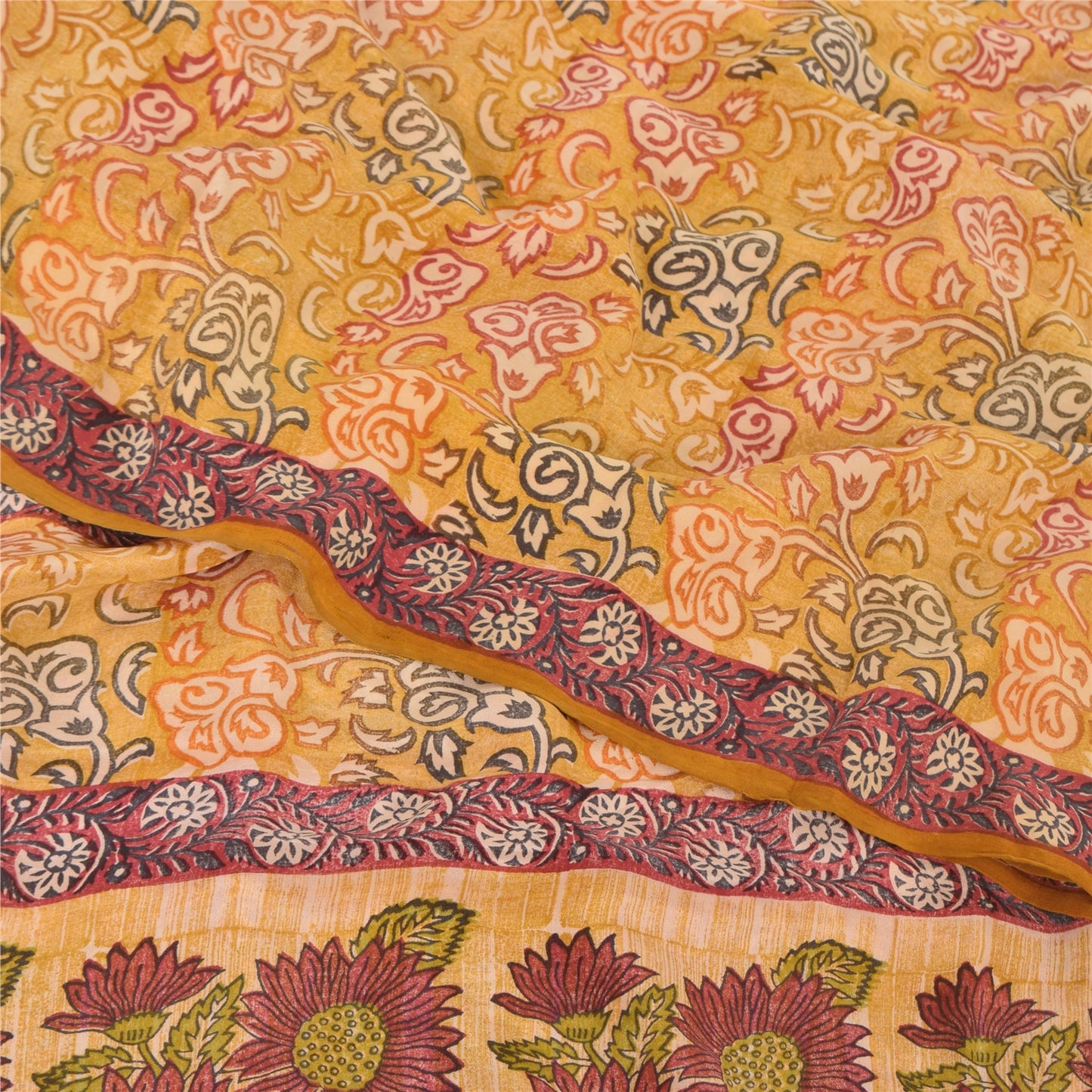 Sanskriti Vintage Sarees Saffron Pure Crepe Silk Printed Sari 5yd Craft Sustainable Fabric