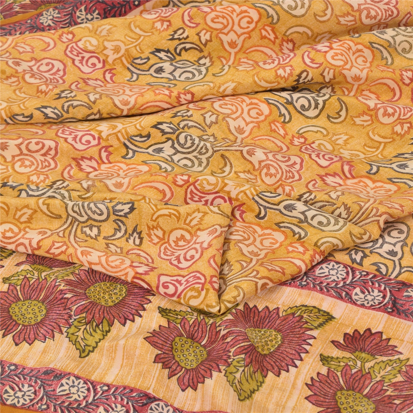 Sanskriti Vintage Sarees Saffron Pure Crepe Silk Printed Sari 5yd Craft Sustainable Fabric
