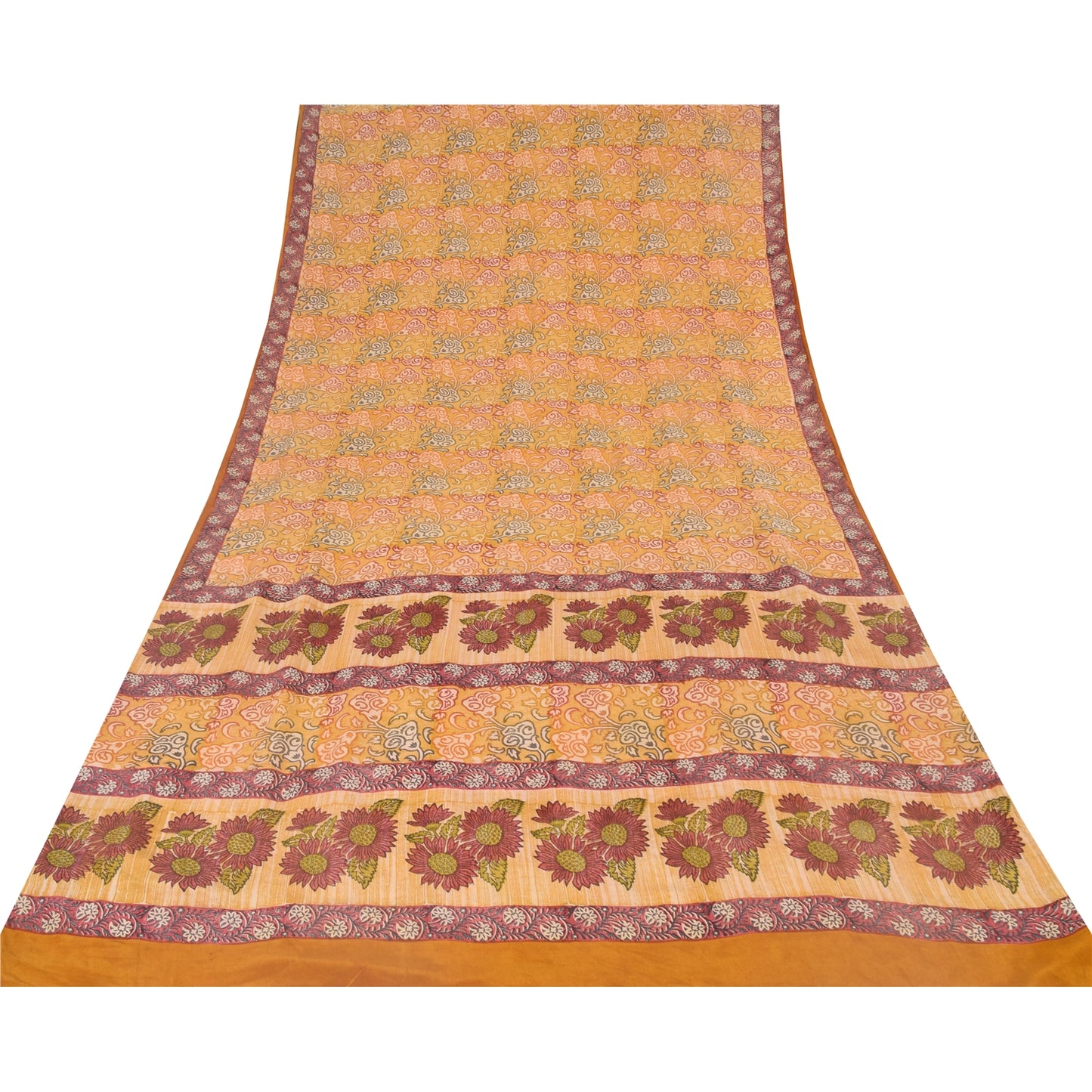 Sanskriti Vintage Sarees Saffron Pure Crepe Silk Printed Sari 5yd Craft Sustainable Fabric